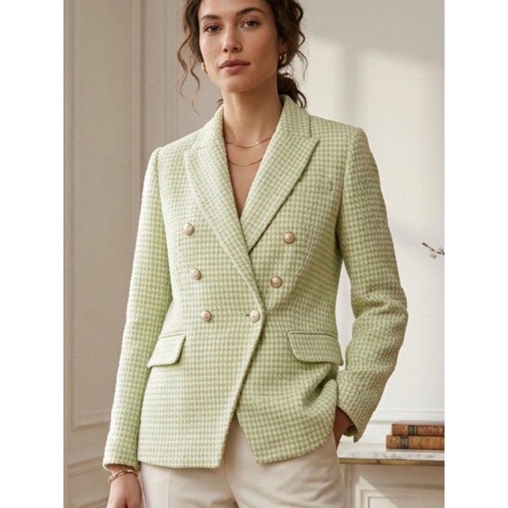 House Of Harlow Double-Breasted Women's Houndstooth Blazer Jacket Light Green M